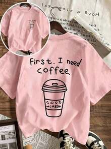 Women's T-Shirt With Graphic Print "First. I Need Coffee." Round Neck And Short Sleeves, Relaxed And Casual Fit, Versatile, Suitable For Everyday Wear And Summer Holidays - 羅莎 - 查看 2