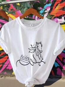 Personalized Casual T-Shirt With Name And Horse Design, Ideal For Horse Enthusiasts, Perfect Gift For Family And Friends, 100% Cotton, Durable - 白色 - 查看 2
