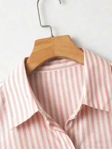 Camisa de mujer de manga larga a rayas, de un solo pecho, casual y versátil para uso diario - Rosa Pálido - Ver 3