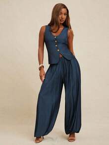 Women's Set (Top And Pants) Vest-Style Top With V-Neck And Button Closure, High-Waisted Fitted Pants With Pleats, Suitable For Office, Business, Casual, Brunch, Church, Autumn And Winter, Suitable For Office Attire - 白色 - 查看 2