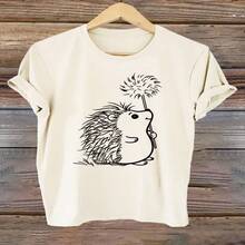 Casual Women's Cotton Round Neck Short Sleeve T-Shirt with Cute Hedgehog Graphic Print, Regular Fit - Blanco - Ver 1
