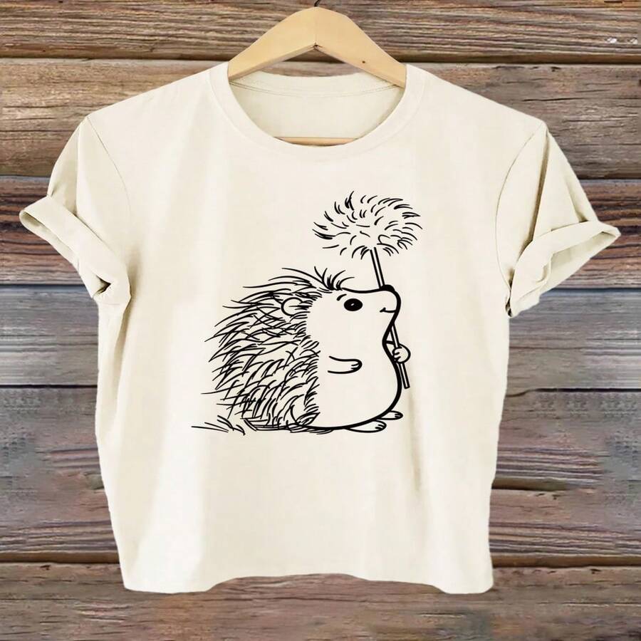 Casual Women's Cotton Round Neck Short Sleeve T-Shirt with Cute Hedgehog Graphic Print, Regular Fit - Blanco - Ver 1