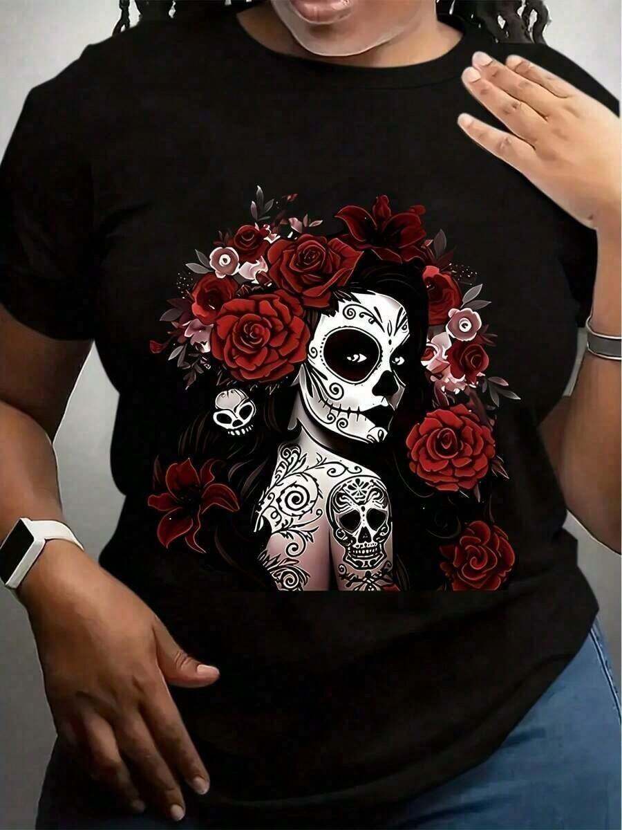 1 Piece Women's T-Shirt With Sugar Skull And Red Roses - Mexican Artistic Day Of The Dead Design, Halloween Costume T-Shirt, Soft Gothic Floral Graphic T-Shirt - 黑色 - 查看 1