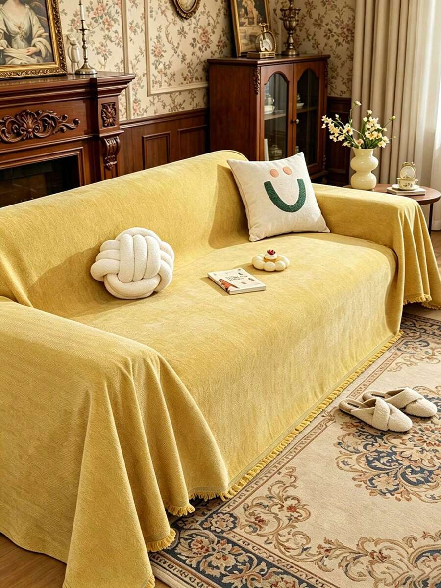 1 tấm bọc ghế sofa màu trơn, chăn sofa, tấm bảo vệ sofa bằng vải chenille, phù hợp cho mọi mùa, phòng ngủ và phòng khách, trang trí nhà cửa. - Màu vàng - Xem 1