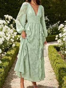 Deep V Neck Long Puff Sleeve Ruched Waist Ruffle Flowy Wedding Guest Dress For Garden Wedding Guest, Picnic Date, Beach Vacation, And Tea Party - Green - View 9