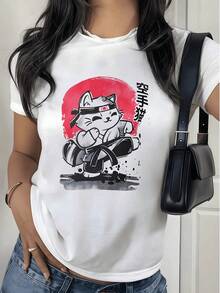 Fashionable Women's T-Shirt, Comfortable Women's T-Shirt With Karate Cat Design, Casual And Fun Style, 180g, Ideal For An Original And Modern Look. - 白色 - 查看 1