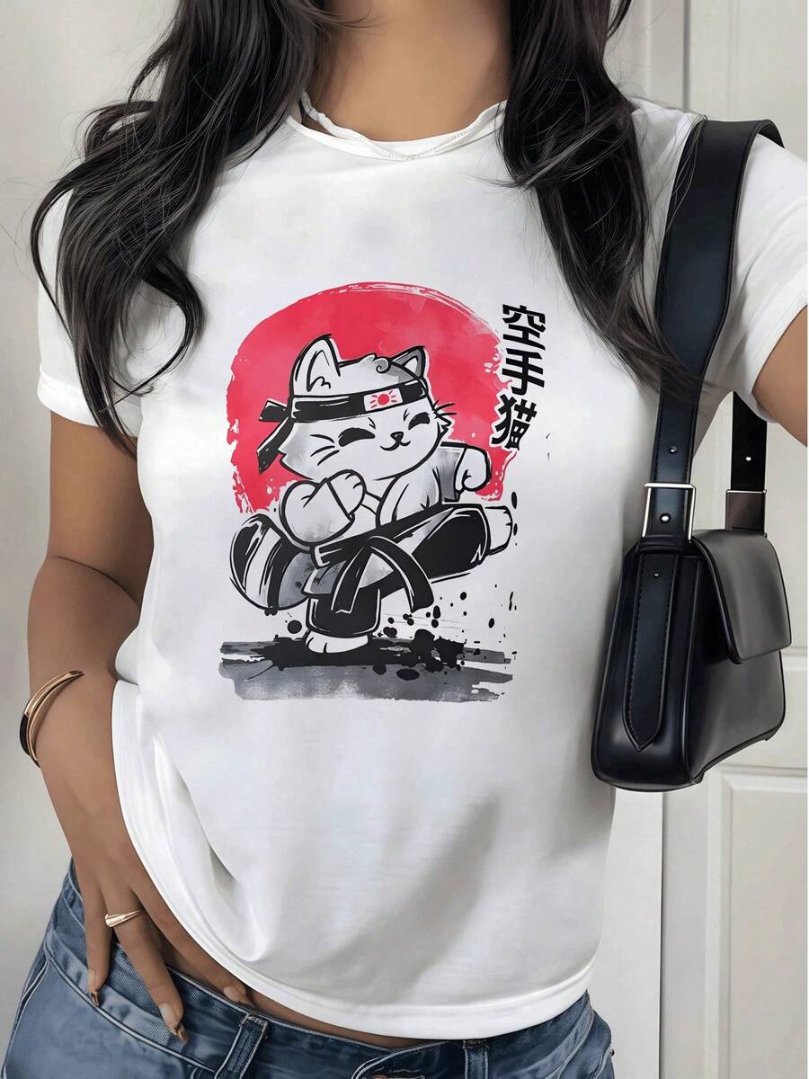 Fashionable Women's T-Shirt, Comfortable Women's T-Shirt With Karate Cat Design, Casual And Fun Style, 180g, Ideal For An Original And Modern Look. - 白色 - 查看 1