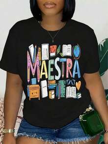 Women's Short-Sleeved T-Shirt, Soft And Breathable, 100% Cotton - Graphic Print With Teacher Theme, Casual Round Neck Top For Back To School Season, Versatile T-Shirt For Educators And Mothers, Teacher T-Shirt, Women's T-Shirts. - 黑色 - 查看 6