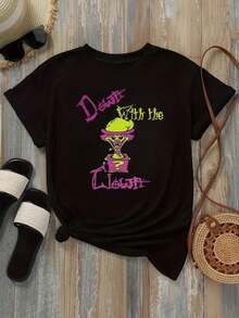 Women's Casual Loose Fit T-Shirt, Available In Black And White, Graphic Print T-Shirt, Summer Everyday Wear T-Shirts, Summer Tops, Graphic Tees, Women's Summer Sets, Women's Crop Tops, Casual Blouses For Ladies - 黑色 - 查看 2