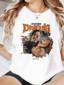 1 Piece Women's 100% Cotton T-Shirt, Gothic Style, Digital Print, Dracula Horror Movie Design, Casual Blouses For Ladies - 白色 - 查看 7