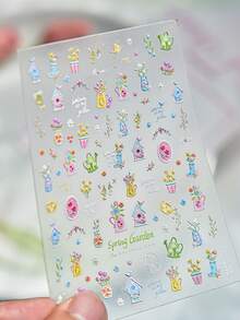 1 Sheet 3D Embossed Spring Garden Nail Stickers, Cute Flower Pot & Birdhouse Pattern, Self-Adhesive Sweet Nail Art Decals - Multicolor - View 5
