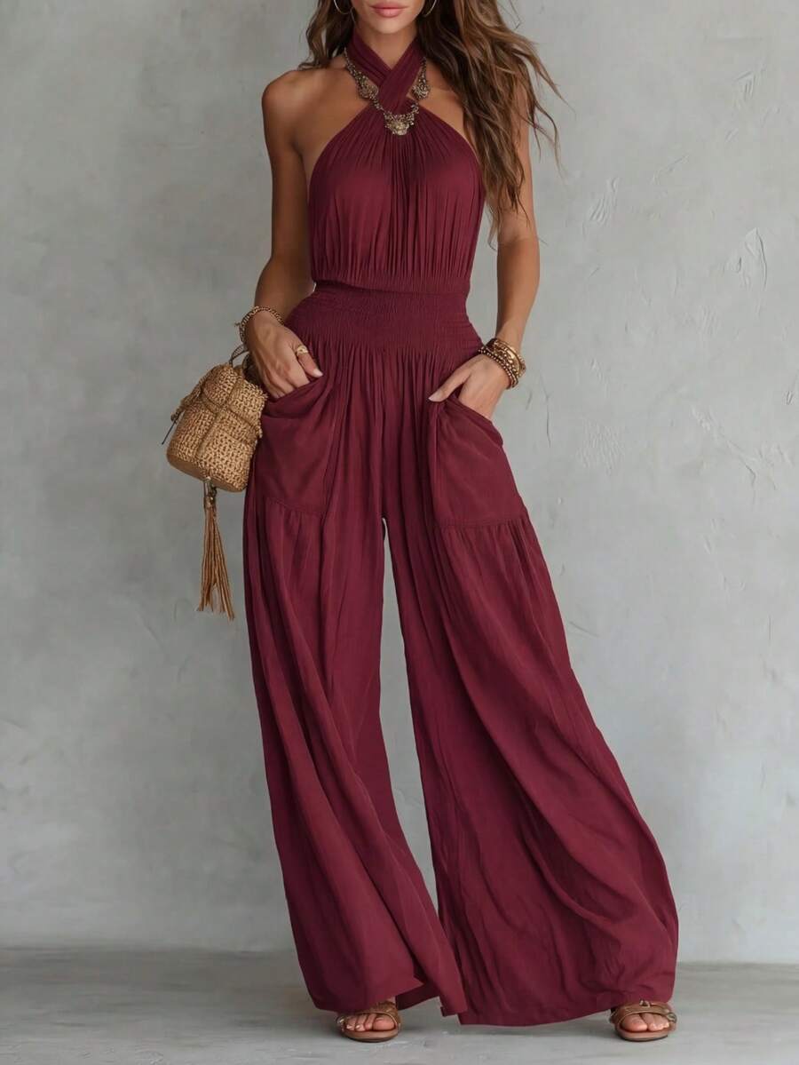 Bohemian-Style Sleeveless Wide-Leg Jumpsuit With Open Back, Ruching, And Pockets - Rouge - View 1
