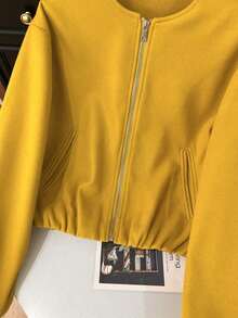 Chaqueta casual de primavera/verano para mujer, elegante y de moda, suelta y suave, de unicolor, con cremallera y bolsillos, chaqueta bomber beige, adecuada para festivales de música/temporada de bodas - Amarillo - Ver 8