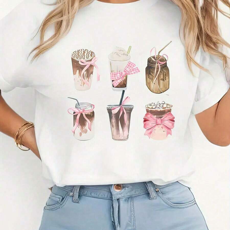 Suave Camiseta Casual de Manga Corta con Cuello Redondo y Estampado Gráfico para Mujer - Estampado Divertido de Batido y Lazo, Camiseta Ligera para Verano y Primavera, Lavable a Máquina, Corte Regular, Camisetas para Mujer, Ropa Casual, blusa casual mujer, blusas para mujer, playeras de mujer algodón - Blanco - Ver 1