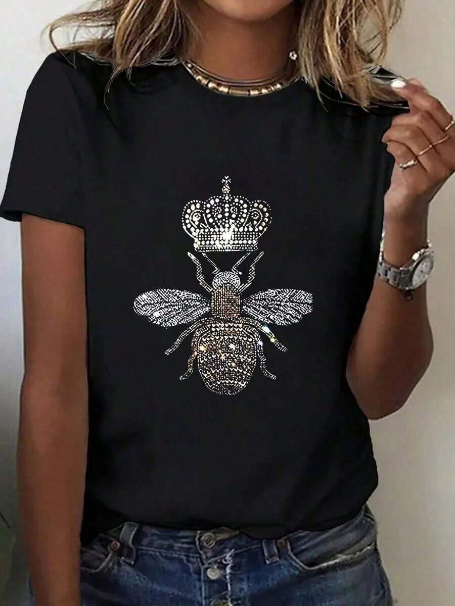 Women's Casual Summer T-Shirt, 1 Piece, 100% Pure Cotton, Bee Crown Print T-Shirt, Short Sleeve Round Neck T-Shirt For Spring And Summer, Breathable Pure Cotton Casual Sports Top, Holiday Gift - 黑色 - 查看 1