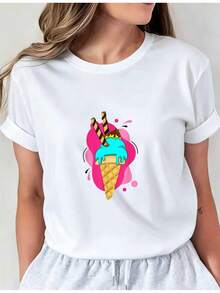 Camiseta Deportiva Casual para Mujer con Gráfico de Helado de Caricatura - Camiseta Blanca Elástica de Cuello Redondo, Lavable aáquina, Ajuste Cómodo y Perfecta para Todas las Estaciones, para Jóvenes. - Blanco - Ver 7