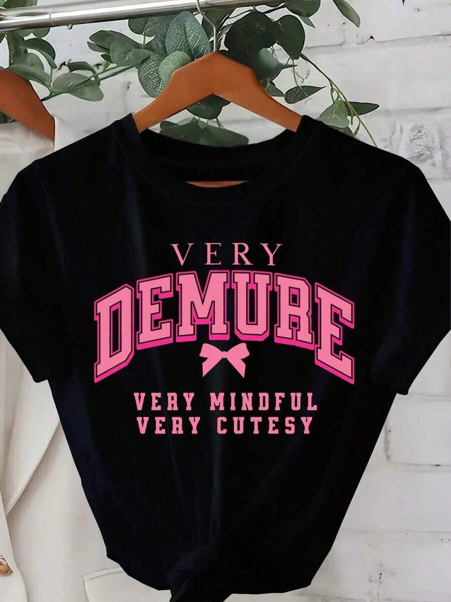 Camisetas Deportivas Vintage con Estampado de Letras de Anime, Camiseta de Algodón de Cuello Redondo para Mujer, Diseño Simple, Cómoda y Transpirable, Adecuada para Uso Diario Casual, Versát - Negro - Ver 1