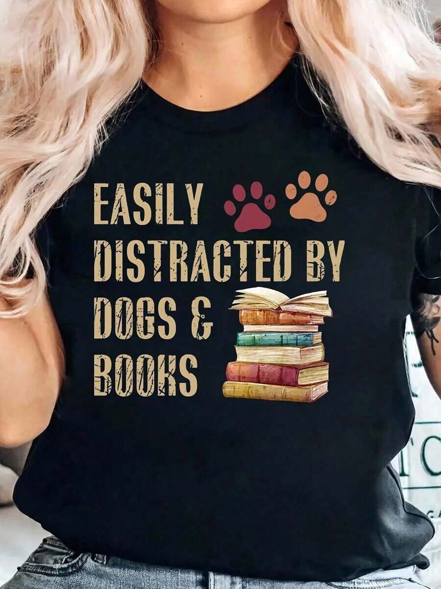 Casual T-Shirt With A Paw Print And A Stack Of Books, Ideal For Book Lovers And Dog Owners Who Are Easily Distracted By Both Dogs And Books, For Everyday Wear. Women's Casual Blouse - 黑色 - 查看 1