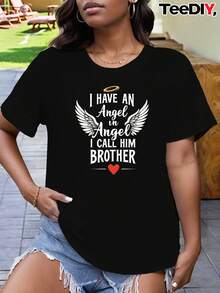 Men's Commemorative T-Shirt With "I Have An Angel In Heaven, I Call Him My Brother" Design - Heart-Shaped Design, Comfortable, Short Sleeves And Round Neck, A Gift To Commemorate Close Relationships, Used To Express Support For Deceased Brothers And Sisters. - 黑色 - 查看 1
