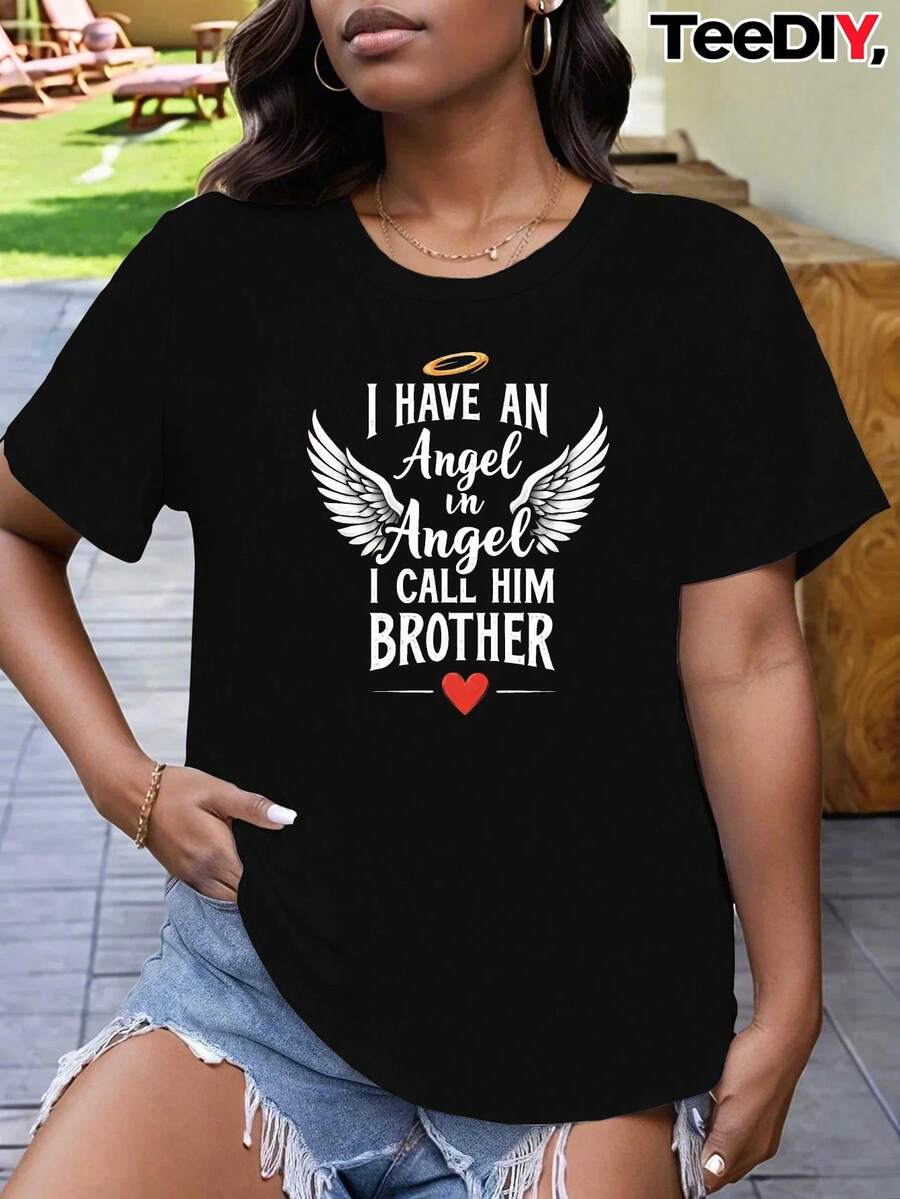 Men's Commemorative T-Shirt With "I Have An Angel In Heaven, I Call Him My Brother" Design - Heart-Shaped Design, Comfortable, Short Sleeves And Round Neck, A Gift To Commemorate Close Relationships, Used To Express Support For Deceased Brothers And Sisters. - 黑色 - 查看 1