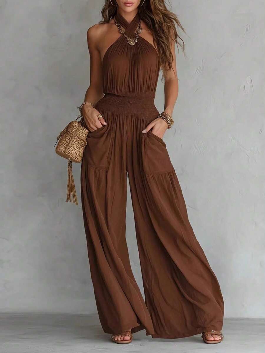 Bohemian-Style Sleeveless Wide-Leg Jumpsuit With Open Back, Ruching, And Pockets - Dark Brown - View 1