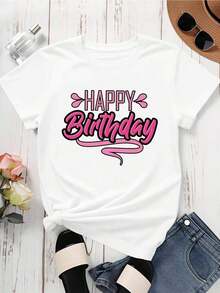 Camiseta Gráfica con Letras Rosadas de Feliz Cumpleaños para Mujer, Top Casual de Manga Corta, Regalo para Celebración de Cumpleaños, Estilo Vintage Urbano, Unisex, Camiseta Holgada de Algodón con Cuello Redondo y Manga Corta, 100% algodón - Blanco - Ver 4