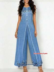 Set de 2 piezas de top corto sin mangas + pantalones anchos de pierna ancha de tela ligera y cómoda con estampado de mezclilla falsa, para uso diario, vacaciones y ocasiones múltiples, cuello redondo sin mangas, traje de pierna ancha con abertura, conjunto casual de 2 piezas de verano elegante para mujer - Azul - Ver 4