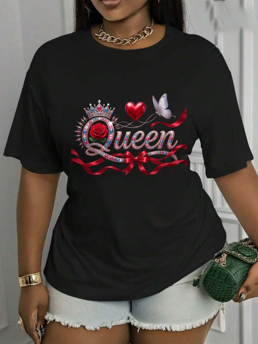 Camiseta Estampada para Mujer - Camiseta Casual de Manga Corta y Cuello Redondo en Negro con Diseño de y Corazón Coloridos. Con un corte relajado, para todas las estaciones, perfecto para uso diario y conjuntos de vacaciones (lavable aáquina). - Negro - Ver 1