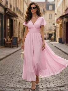 Vestido midi con mangas con volantes de estilo francés vintage, cintura ceñida, elegante y romántico de gasa ligera para mujeres - Rosa - Ver 4