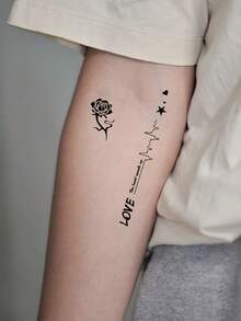 (4 feuilles/set) 4 pièces de petits tatouages temporaires noirs, comprenant des motifs d'oiseau, de cœur, de diamant, de note de musique, de lettre, de battement de cœur, d'étoile et de lune. Convient pour les doigts, les oreilles, les poignets et les parties du corps - Noir - Voir 5