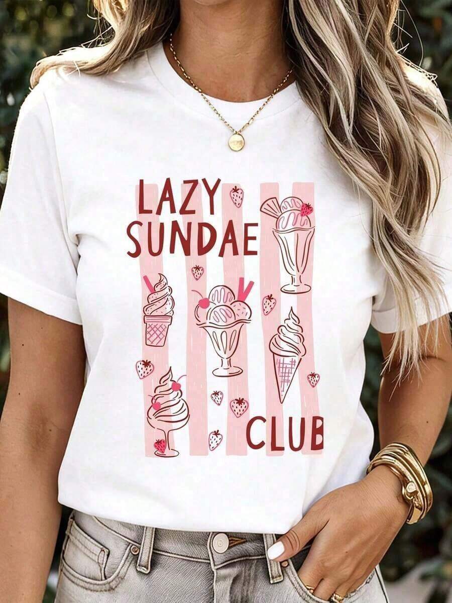 Women's Plus Size Casual Short Sleeve T-Shirt, White, With Lazy Sundae Club Ice Cream Print, Summer Top For Everyday Wear And Holiday Outfits, 100% Cotton - 白色 - 查看 1