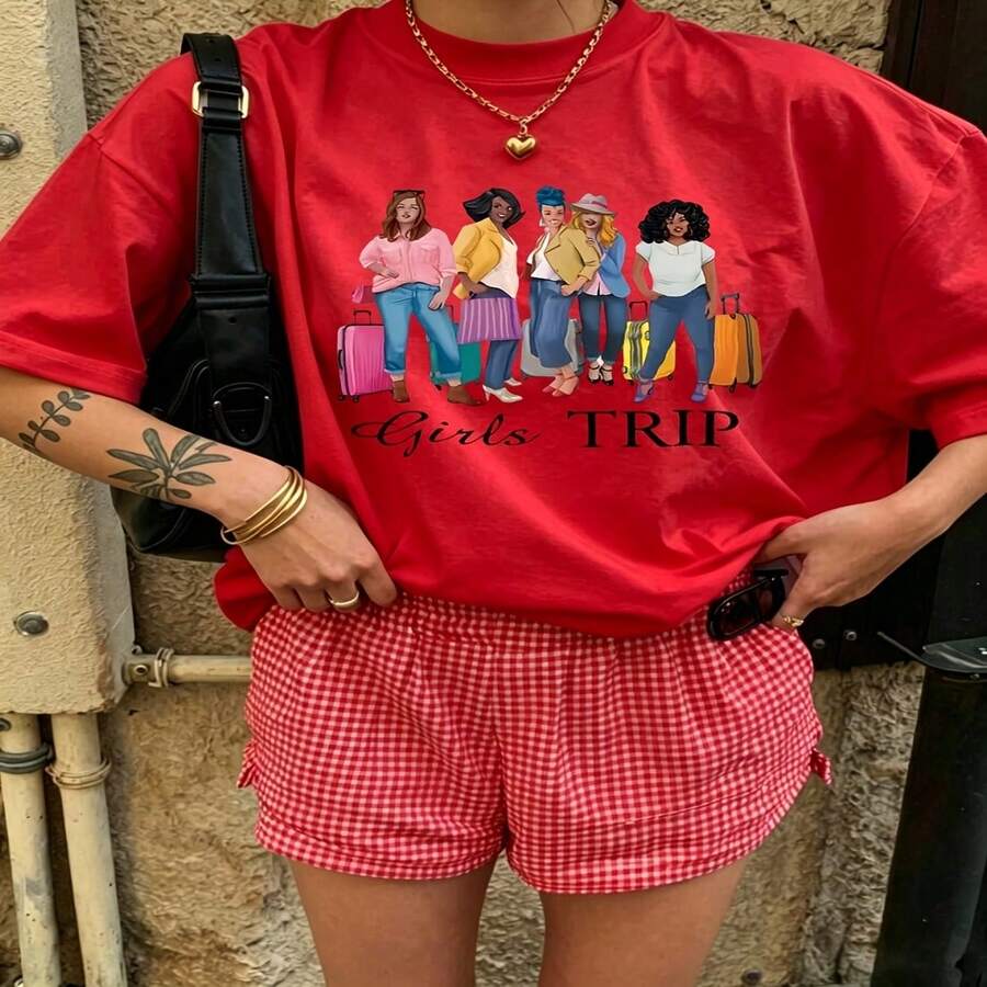 Cute Graphic T-Shirt 100% Cotton Oversized Soft Breathable Casual Crewneck Short Sleeve Top Daily Casual Street Style Aesthetic Daily Basic Vintage Casual Wearers Fashion Lovers Daily Outfit Enthusiasts Gift Givers - 紅色 - 查看 1