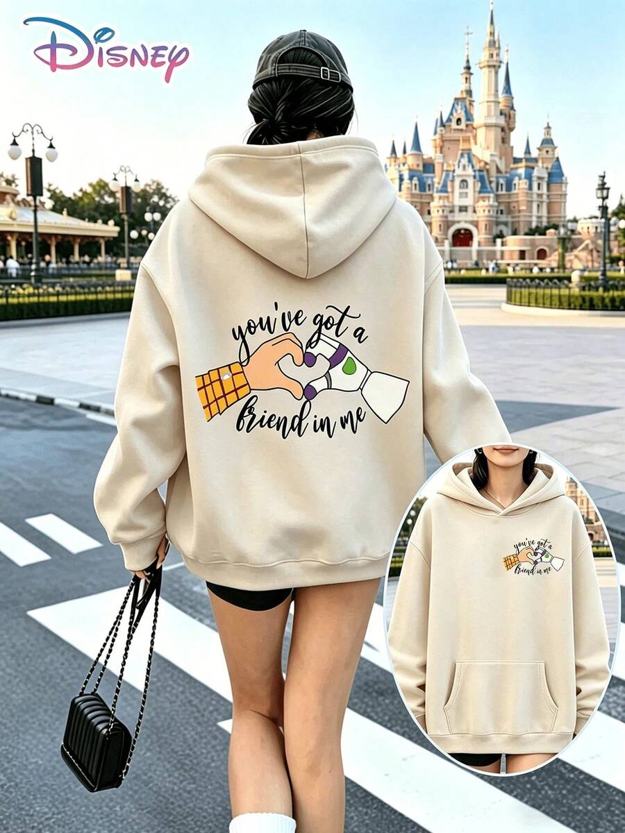 Disney Toy Story Y2K Pattern Hoodie, Double-Sided "You've Got A Friend In Me" Printed Hooded Top, Fun Print, Loose Fit, Versatile, Perfect For Holiday Gifts. (Women's Autumn/Winter Clothing/Elegant Women's Outfits/Patterned Hoodies/Printed Tops/Casual Outfits For Women/Women Trending Now/Holiday Co-Ord/Plus Size Friendly) - Màu be - Xem 1