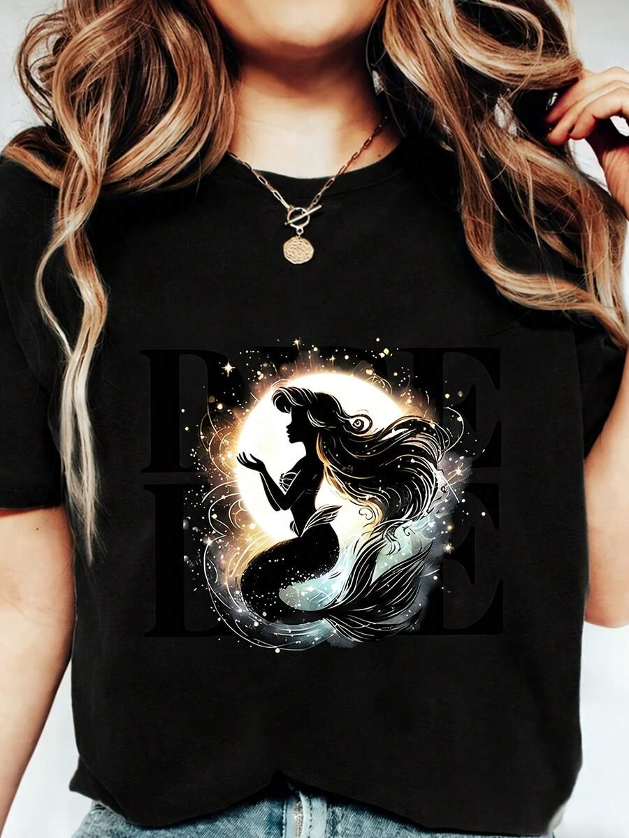 1 Women's Short Sleeve T-Shirt With Mermaid Print, Modern, Elegant And Slimming, The Perfect Gift For Birthdays Or Holidays, 180g 100% Cotton. - 黑三 - 查看 1
