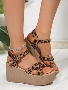 Wide Fit Plus Size Wedge Heel Sandals, Cross Leopard Print Adjustable Buckle Open Toe Sandals - Multicolor - View 2