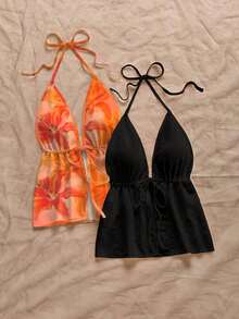 Set de 2 piezas de top de cuello halter con estampado de leopardo y negro liso, apropiado para verano y primavera en la playa - Multicolor 3 - Ver 3
