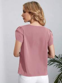 Camisa De Manga Abullonada Plisada De Color Liso Para Mujer - Rosa - Ver 2