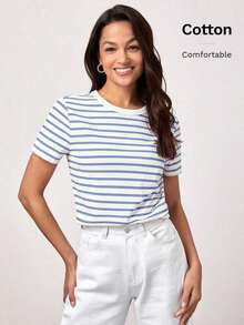 BASICS Camiseta casual con estampado a rayas para primavera y verano - Azul - Ver 8