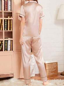 Set de 2 piezas de pijama con top de manga corta y pantalones con bordado de corazón de seda sintética - Champán - Ver 2