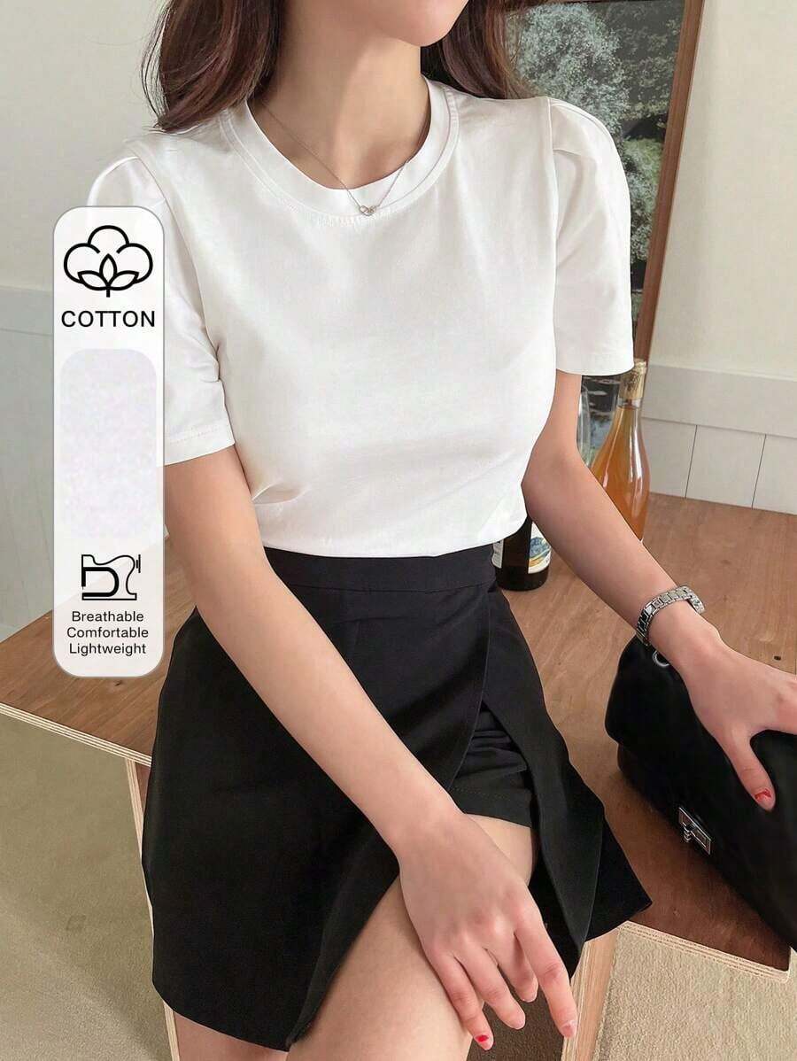 Camiseta de manga abullonada de color sólido, crop tops para mujeres - Blanco - Ver 1