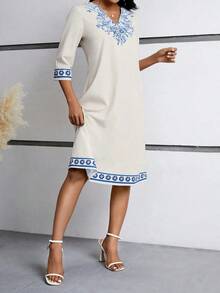 Vestido maxi casual y sencillo con estampado floral en el cuello, puños y dobladillo para mujer - Albaricoque - Ver 3