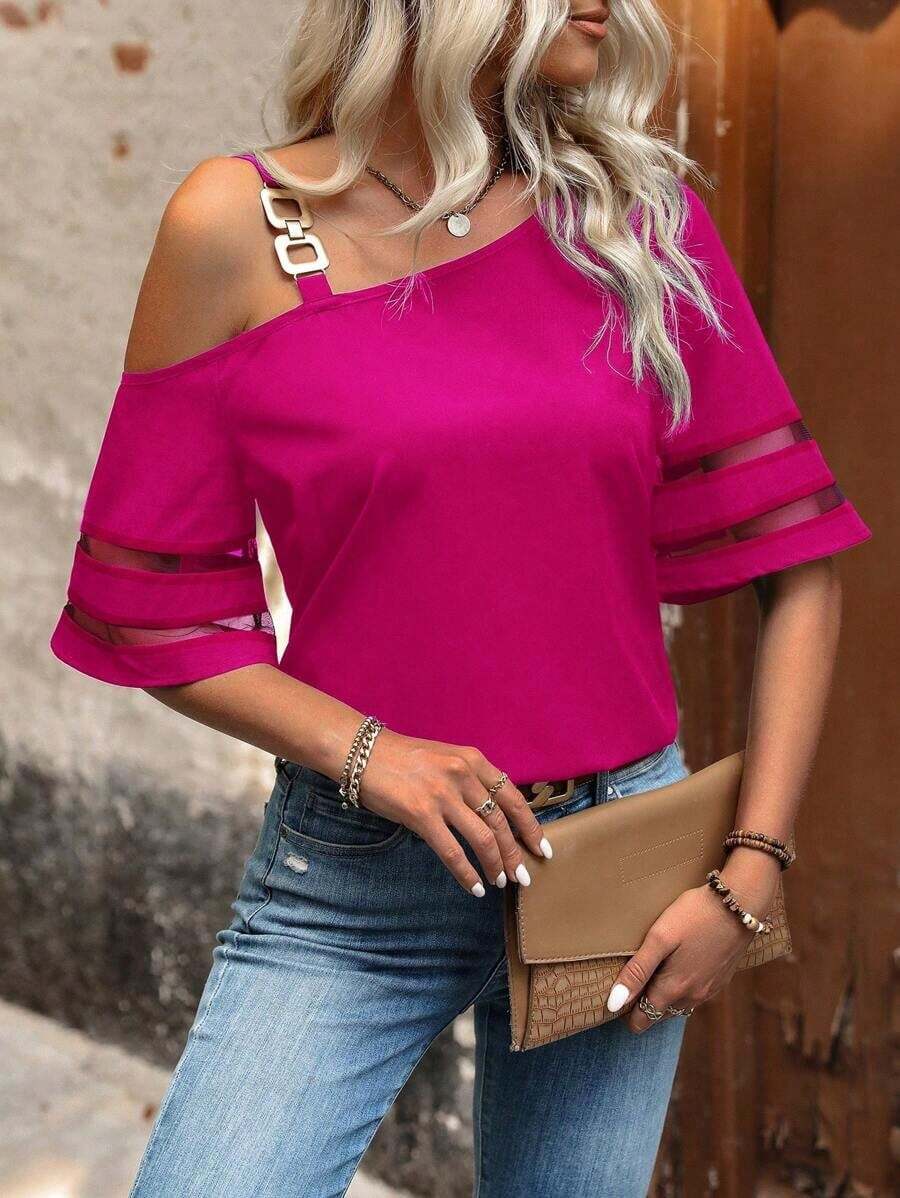 Camisa asimétrica de cuello transparente con contraste de malla - Rosa Fucsia - Ver 1