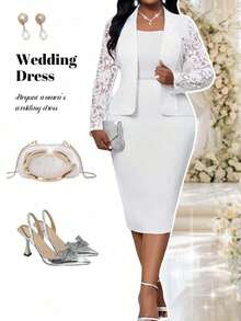 Lady Traje elegante de blazer y vestido de manga larga con cuello de solapa y encaje en contraste para mujer de talla grande - Blanco 3 - Ver 7