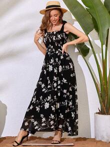 Vestido maxi con estampado floral, hombros con lazo y escote fruncido de gasa para mujer - Negro - Ver 4