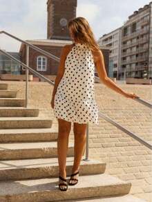 Vestido casual y elegante con cuello de corbata, hombros descubiertos y estampado de lunares en verde menta, adecuado para primavera/verano y fiestas.(El estilo es ligeramente holgado, se recomienda pedir una talla menos para un aspecto talla grande ajustado) - Albaricoque - Ver 3