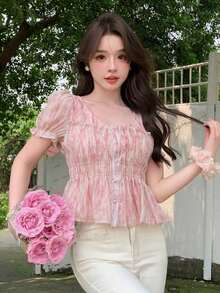 Blusa de verano con volantes y estampado todo sobre, ropa de otoño - Rosa - Ver 9