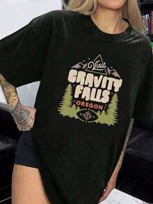 Camiseta de manga corta negra para mujer, 100% algodón, con un diseño de paisaje, montañas y un pequeño pueblo, estampada con el texto "Visita GRAVITY FALLS" y patrones de pinos, montañas y un misterioso globo ocular. Adecuado para uso diario informal y actividades al aire libre. Lavable a máquina, adecuado para usar en todas las estaciones, con un corte holgado de talla grande, cómodo y casual, perfecto para usar en capas. Es una opción ideal para el uso diario y de fin de semana. Esta es una blusa de mujer. Camisetas de Algodón para Mujer, Lavables a Máquina, Transpirables, Suaves y Casuales para Verano - Negro - Ver 6