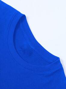 A Comfortable, 100% Cotton Women's T-Shirt With A Stylish Yoga Design Featuring Minimalist Lines And A Lotus Letter Pattern Print. It's Soft, Breathable, And Perfect For Casual Summer Wear; Machine Washable. - 藍色 - 查看 3