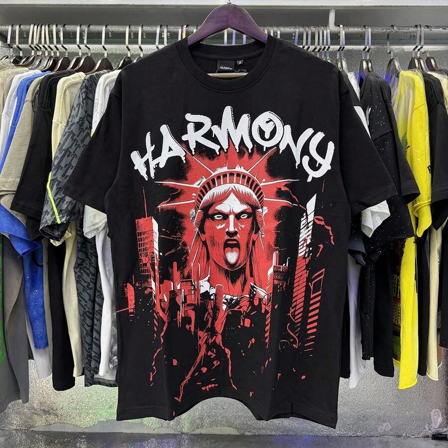HARMONY, marca de moda retro americana, camiseta unisex de manga corta, holgada, con estampado de letras, para verano. - Negro - Ver 1