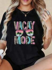 Cómodo Talla Grande, Camiseta de Talla Grande, Estampado VACAY MODE con Estampado de Leopardo y Diseño de Gafas de Moda con Letras en Contraste, Manga Corta Estilo Dulce y Fresco para Vacaciones y Viajes con Estampado de Cocotero, Camiseta Negra de Cuello Redondo Estampada para Mujer - Lavable, Cómoda, playeras de mujer algodon, blusa casual mujer,  mujer - Negro - Ver 1
